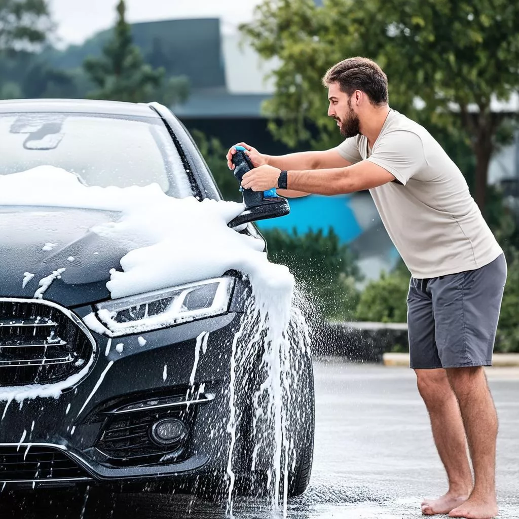 Người đang rửa xe bằng dung dịch tạo bọt
