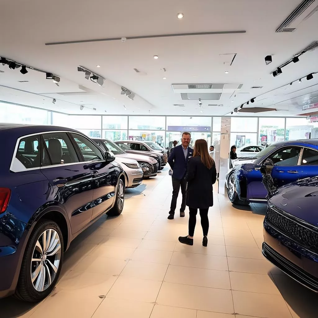 Customers viewing trucks at a showroom
