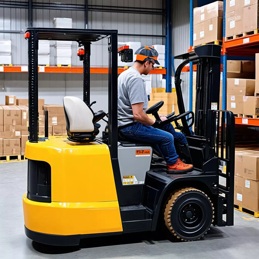Operator driving an electric stand-up forklift