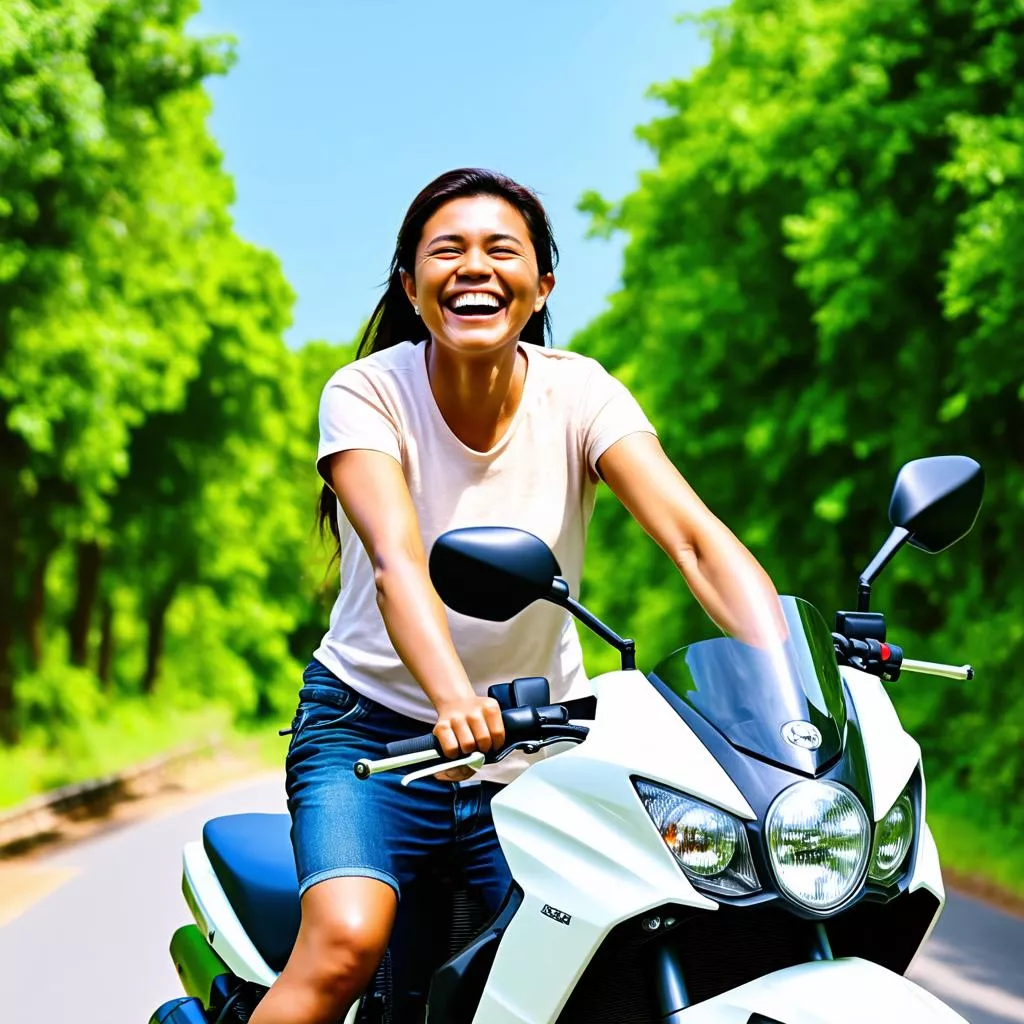 A woman smiling happily on a motorcycle