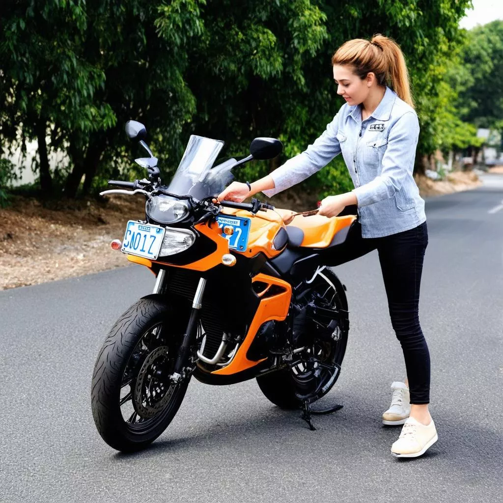 Woman choosing motorbike license plate