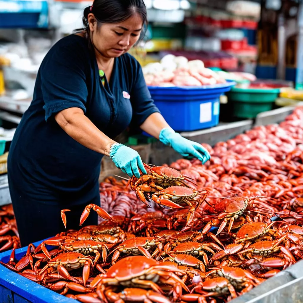 Người phụ nữ đang chọn cua biển