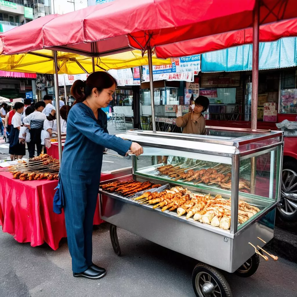 Woman choosing a street food cart