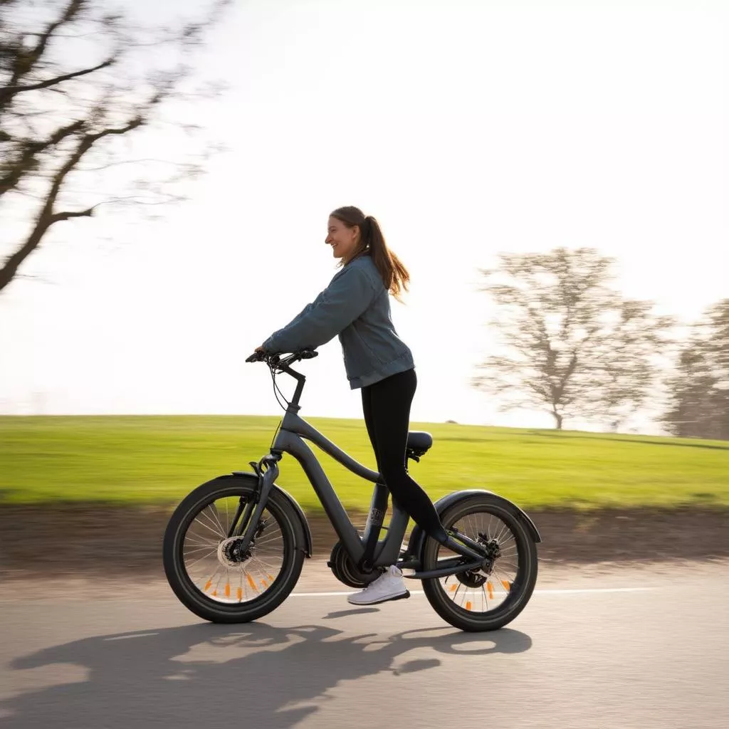 Người phụ nữ đang đi xe đạp điện