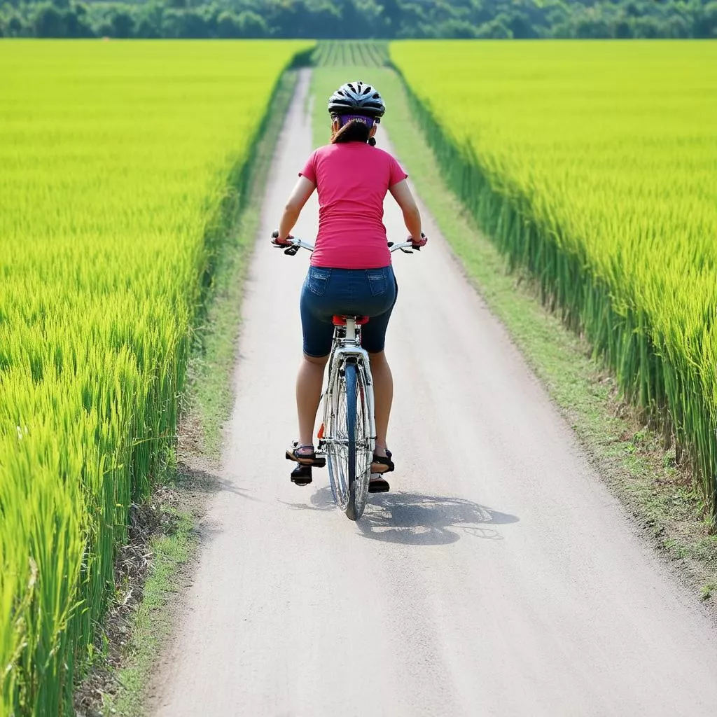 Mulher a andar de bicicleta numa estrada rural