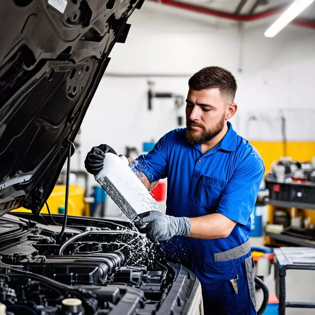 Mechanic cleaning a car engine