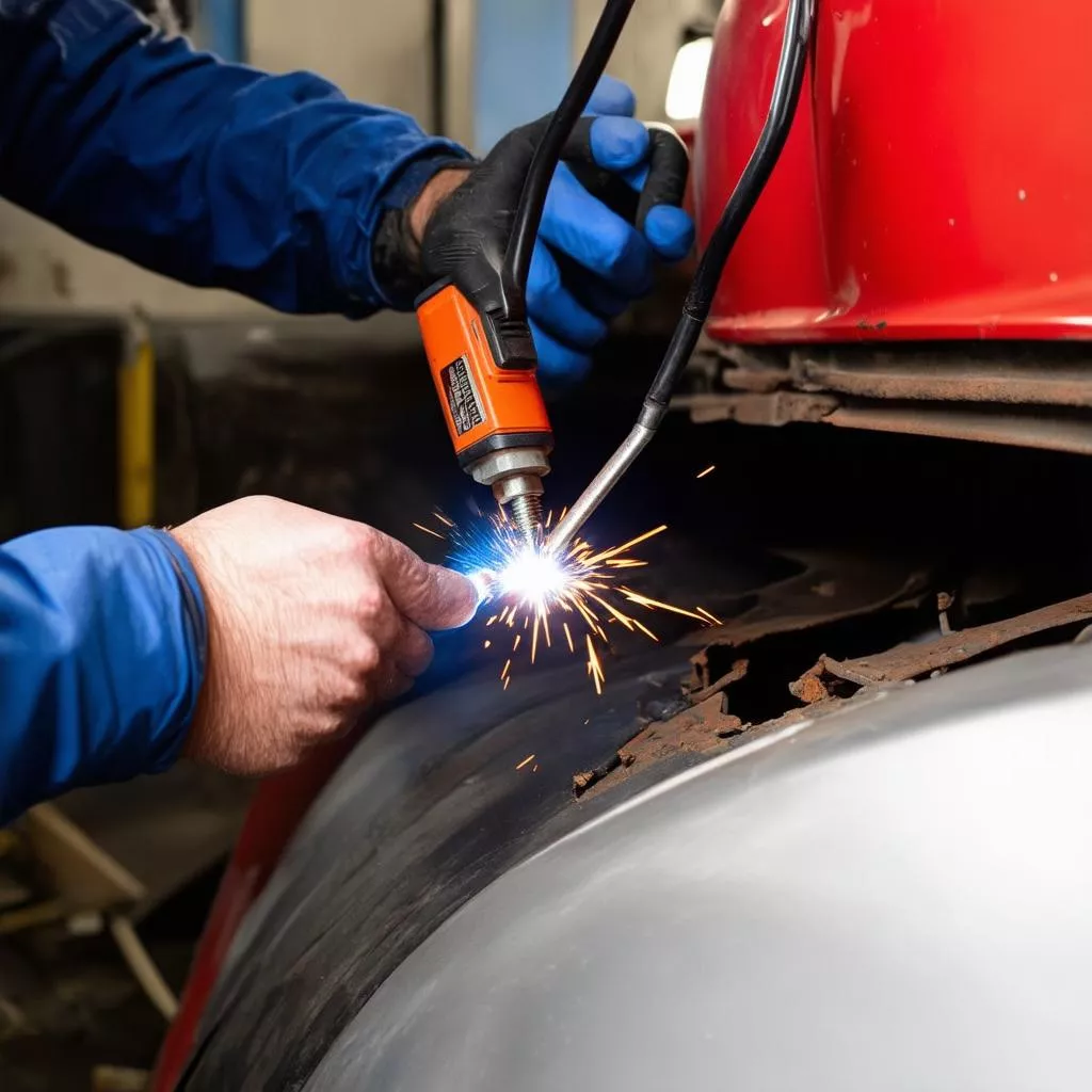 Technician using a spot welder on a car