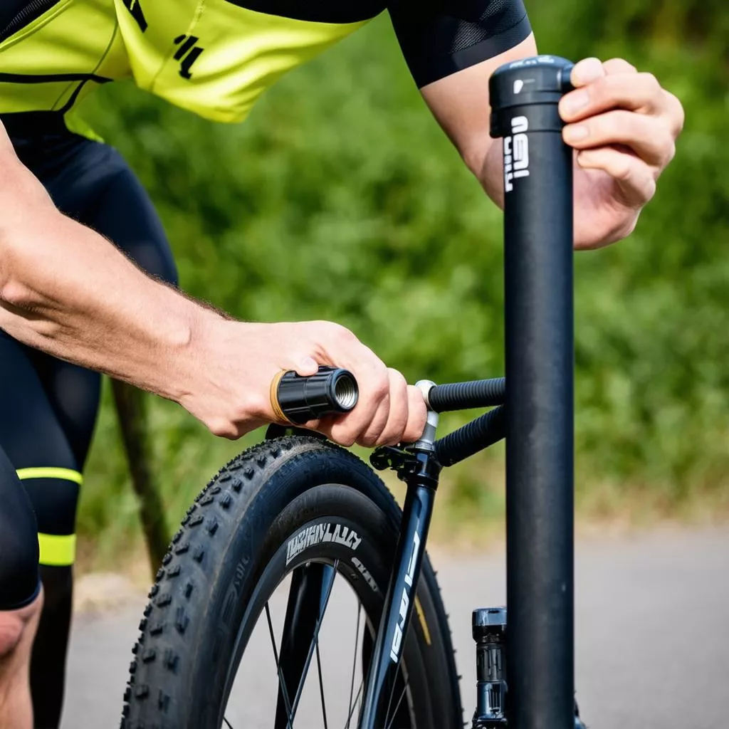 Người đàn ông đang bơm xe đạp