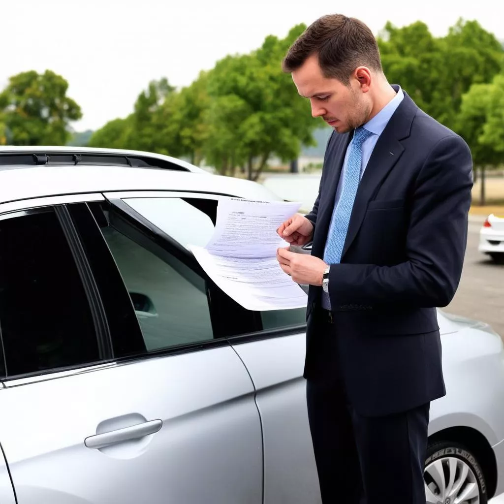 Người đàn ông đang xem giấy tờ xe