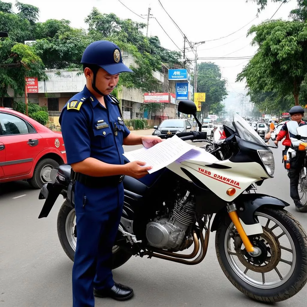 Nhân viên công an đang kiểm tra giấy tờ xe