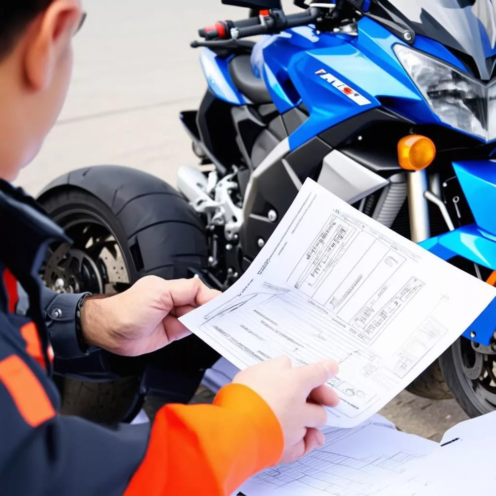 Staff checking motorcycle documents