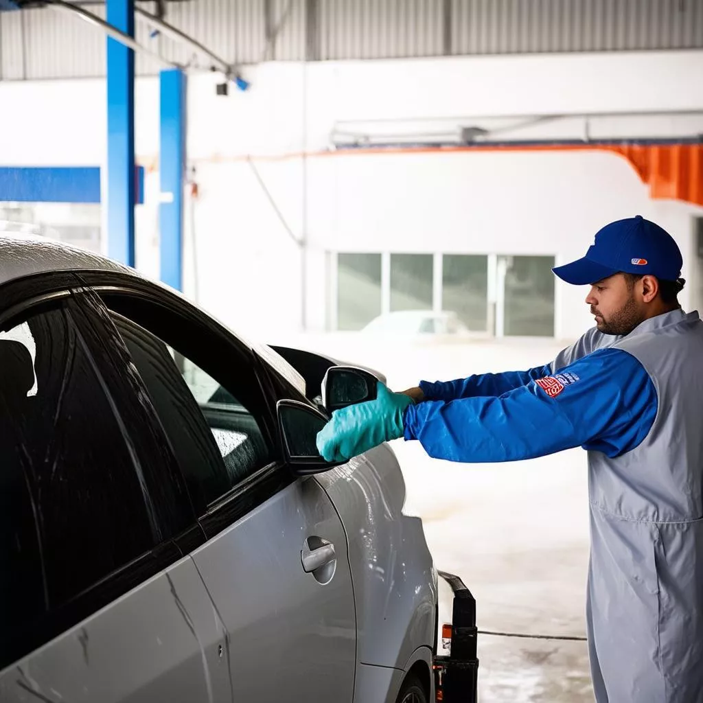 Nhân viên đang lau xe hơi