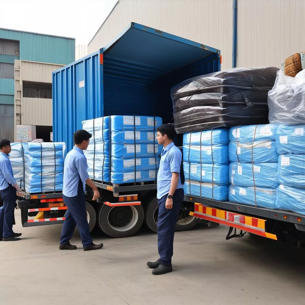 Nhân viên đang vận chuyển hàng hóa lên xe tải