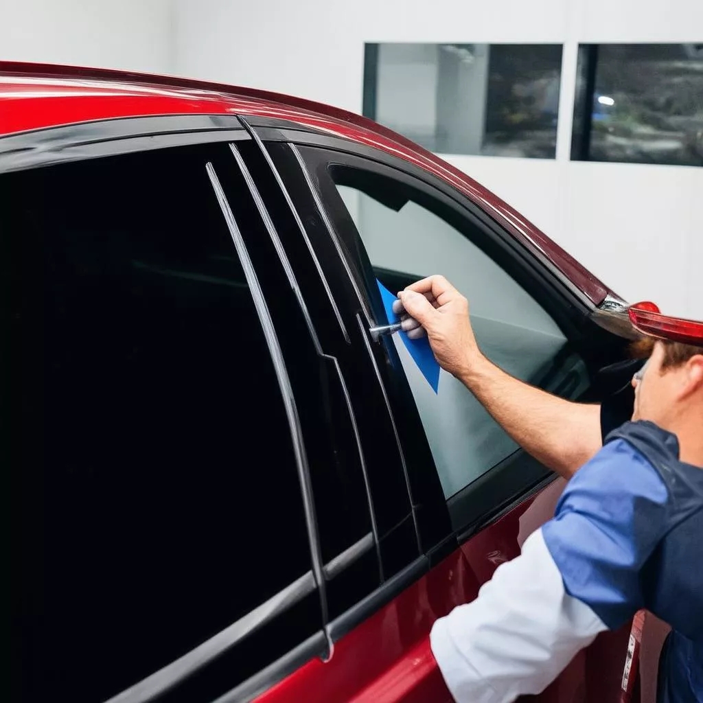 Technician installing car window tint