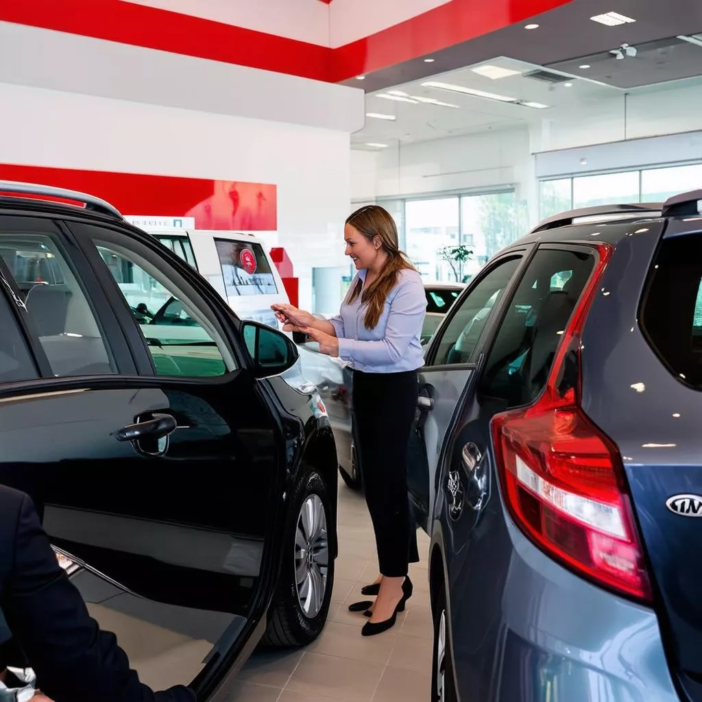 Nhân viên tư vấn khách hàng tại đại lý xe Kia