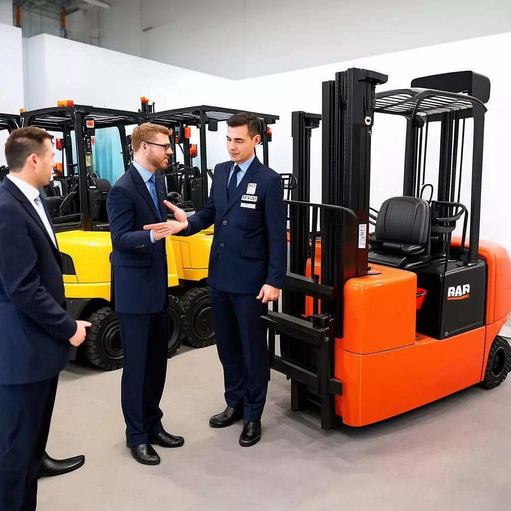 Customer service representative consulting about forklifts