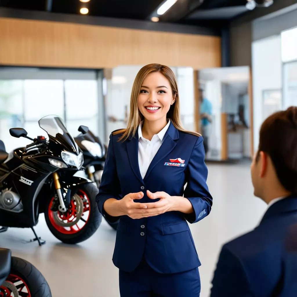 Motorcycle sales consultant assisting a customer