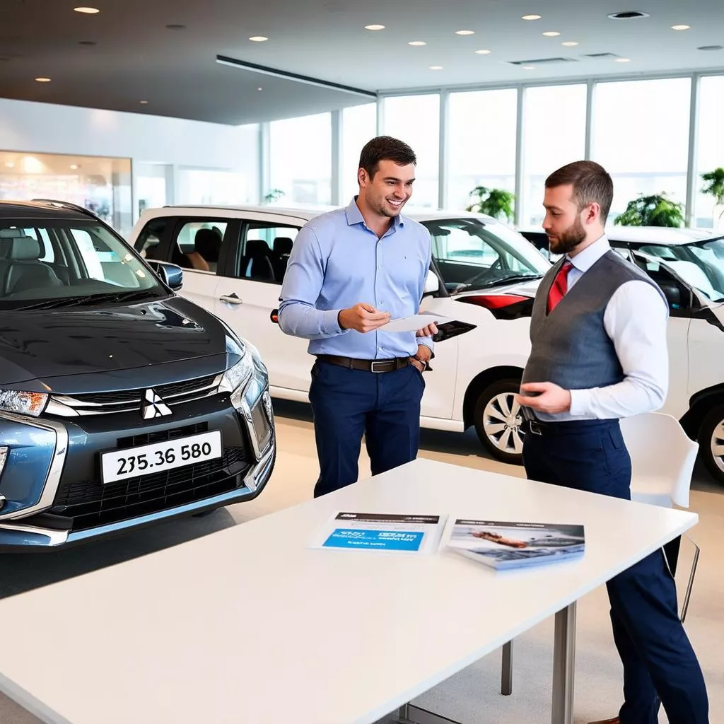 Mitsubishi car sales consultant assisting a customer