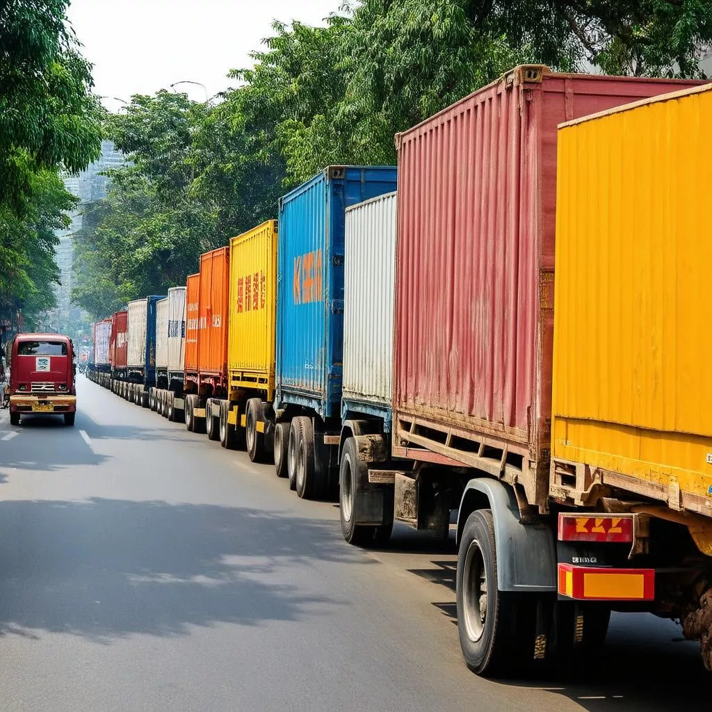 Trucks Neatly Parked on a Hanoi Street