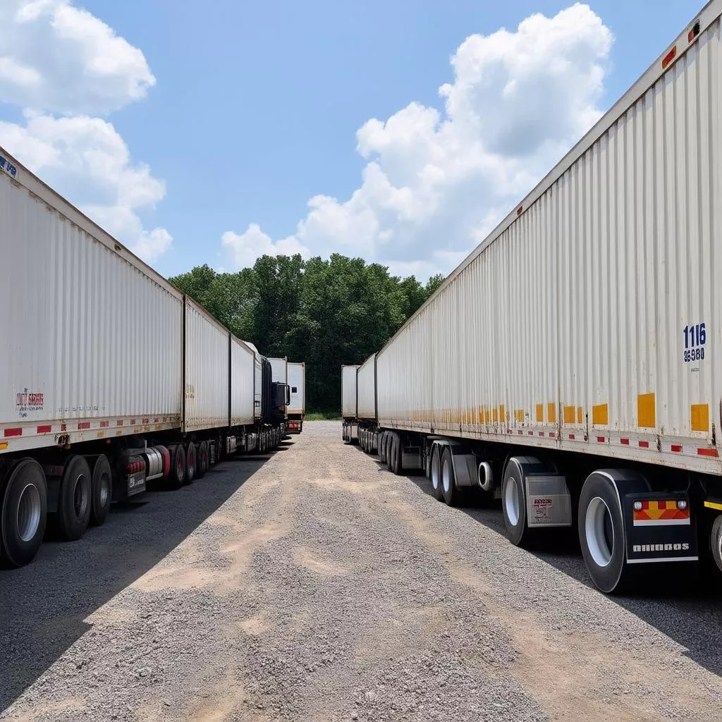 Camions alignés dans un entrepôt