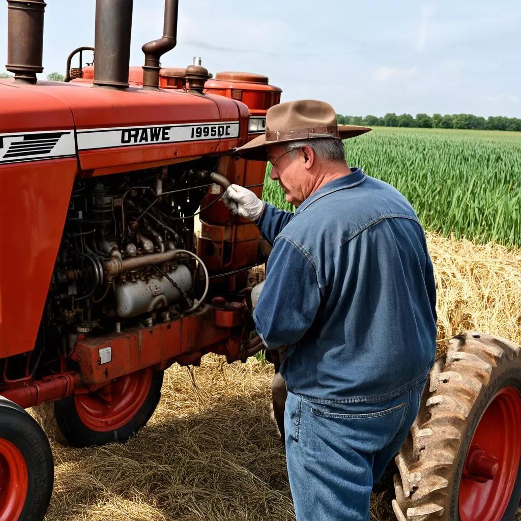 Farmer inspecting machinery