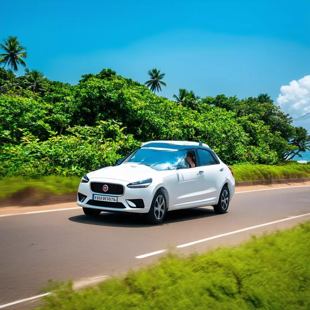 Car driving on a coastal road in Phu Quoc