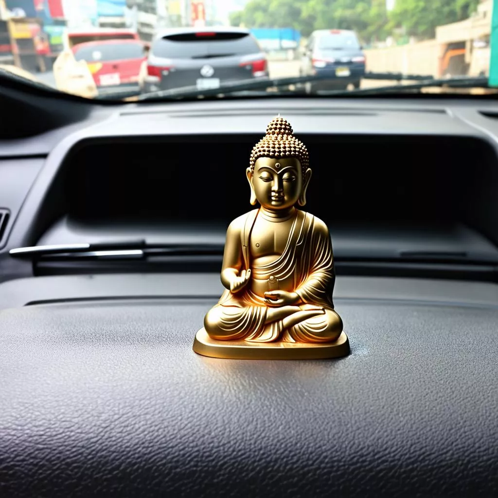 Imagem de uma pequena estátua de Buda num camião