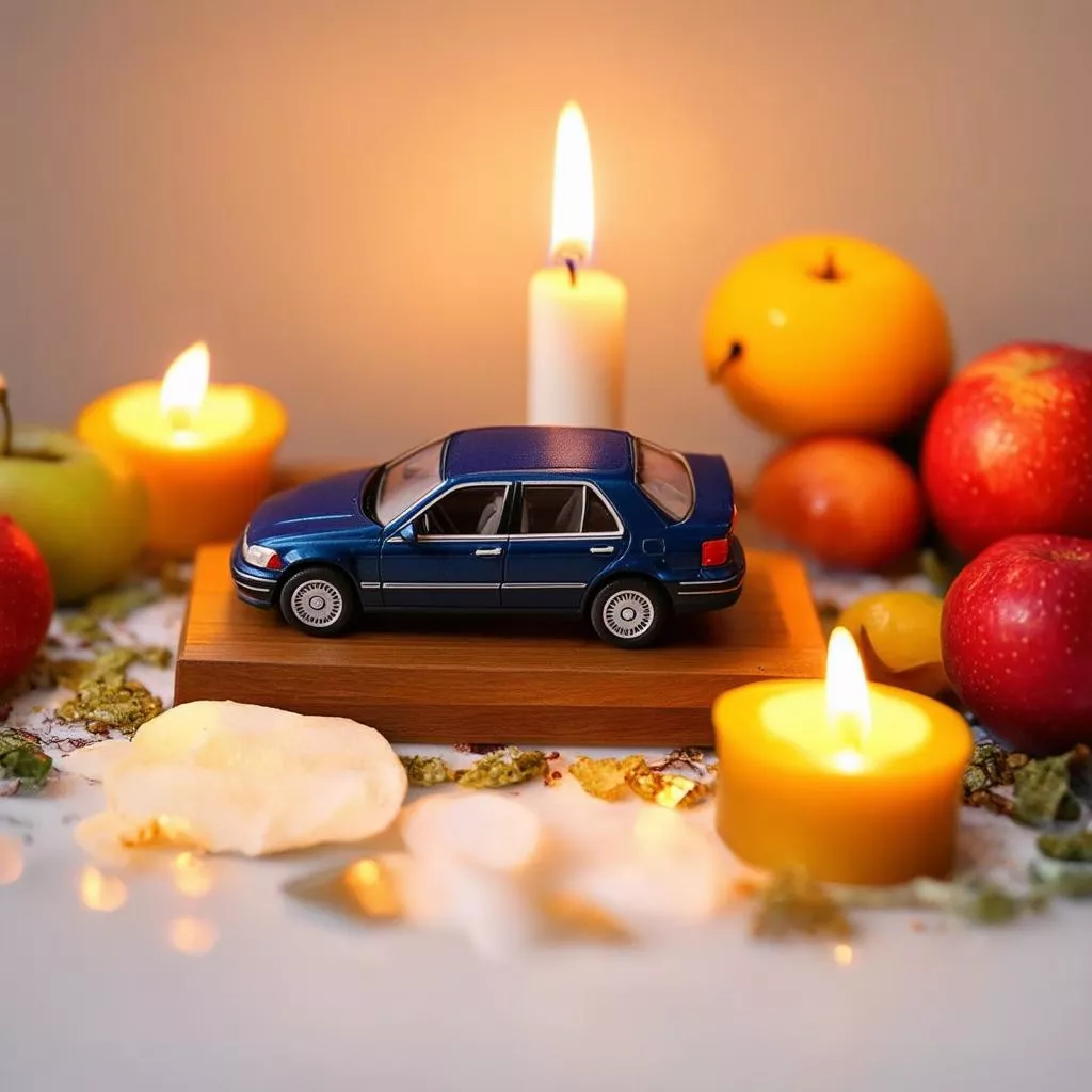 Modelo de carro em altar com flores, frutas e velas