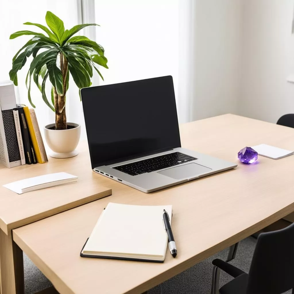 A desk organized according to Feng Shui principles