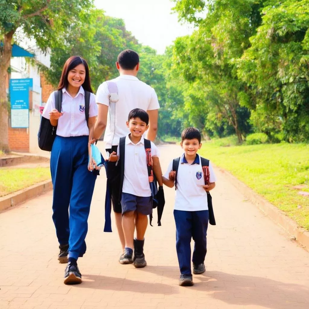 phụ huynh đưa con đi học