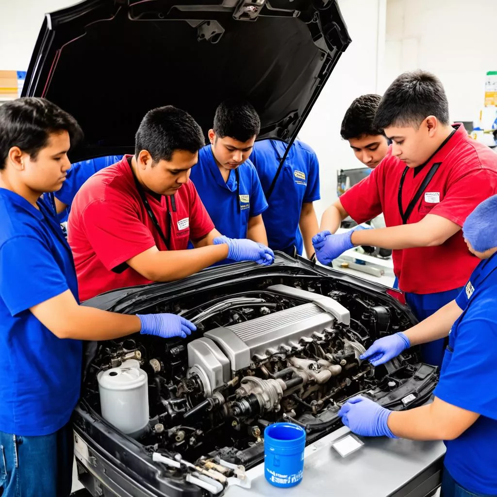 Sinh viên đang thực hành sửa chữa động cơ ô tô