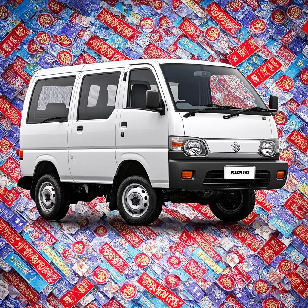 Hình ảnh xe tải Suzuki Van với phông nền là biểu tượng tài lộc