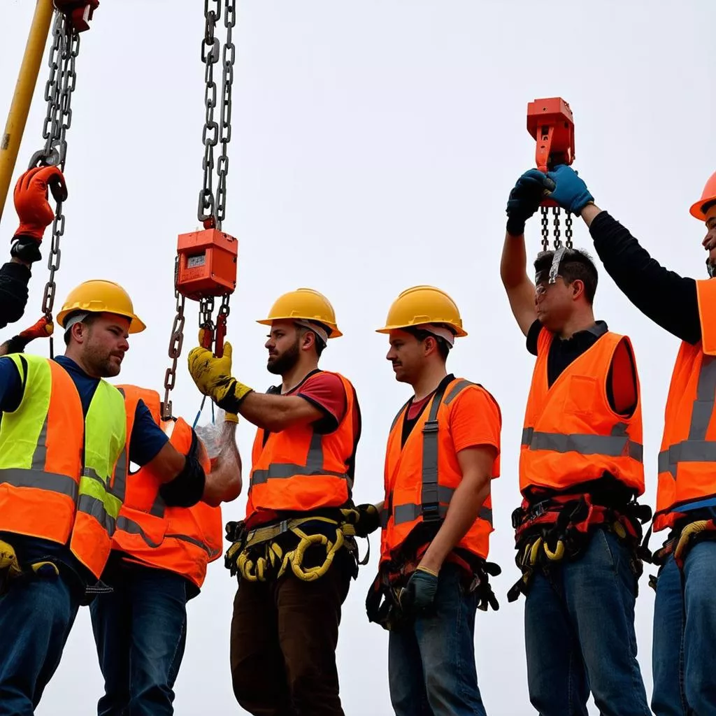Worker using a hand chain hoist safely