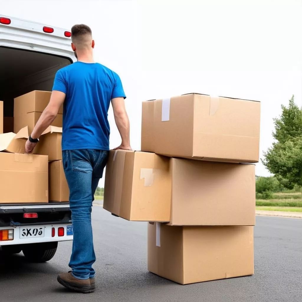 Tài xế đang bê hàng lên xe tải