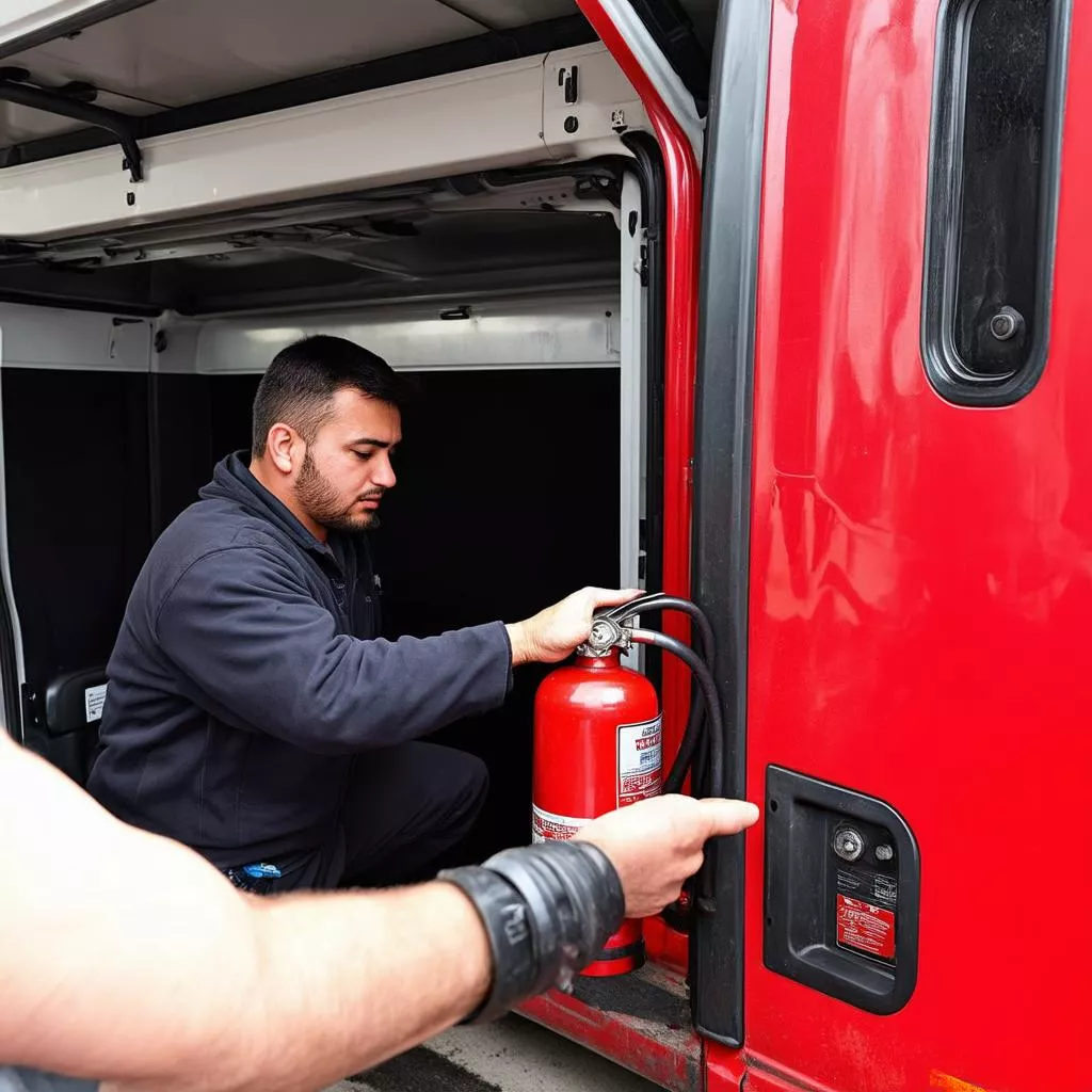 A driver inspecting a fire extinguisher