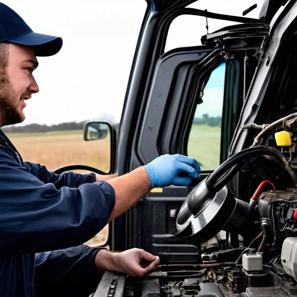 Tài xế đang kiểm tra động cơ xe tải