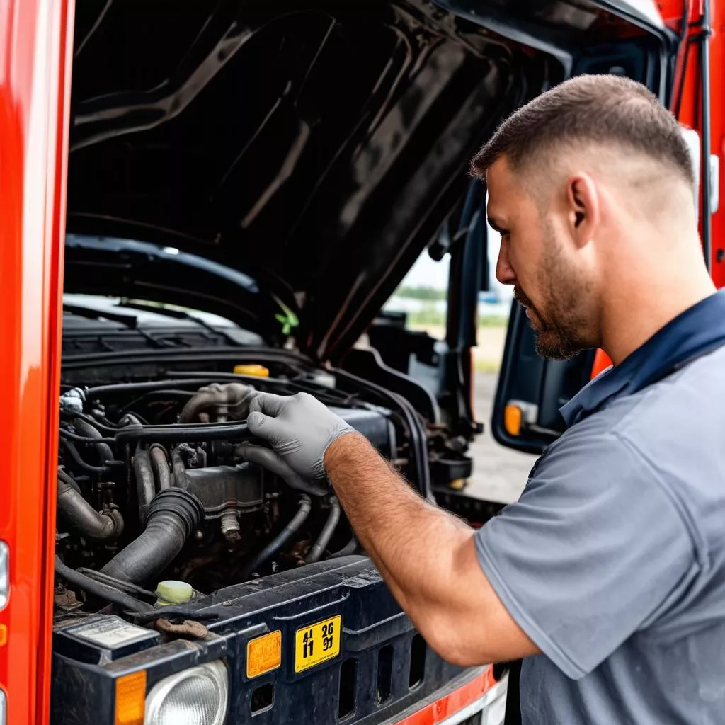 Driver inspecting a truck engine