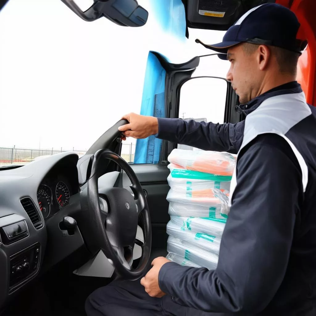 Chauffeur contrôlant le chargement