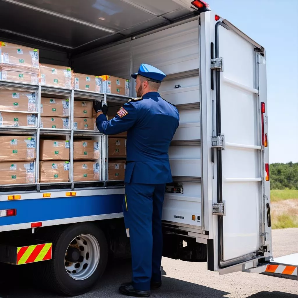 Tài xế đang kiểm tra hàng hóa trên xe đông lạnh