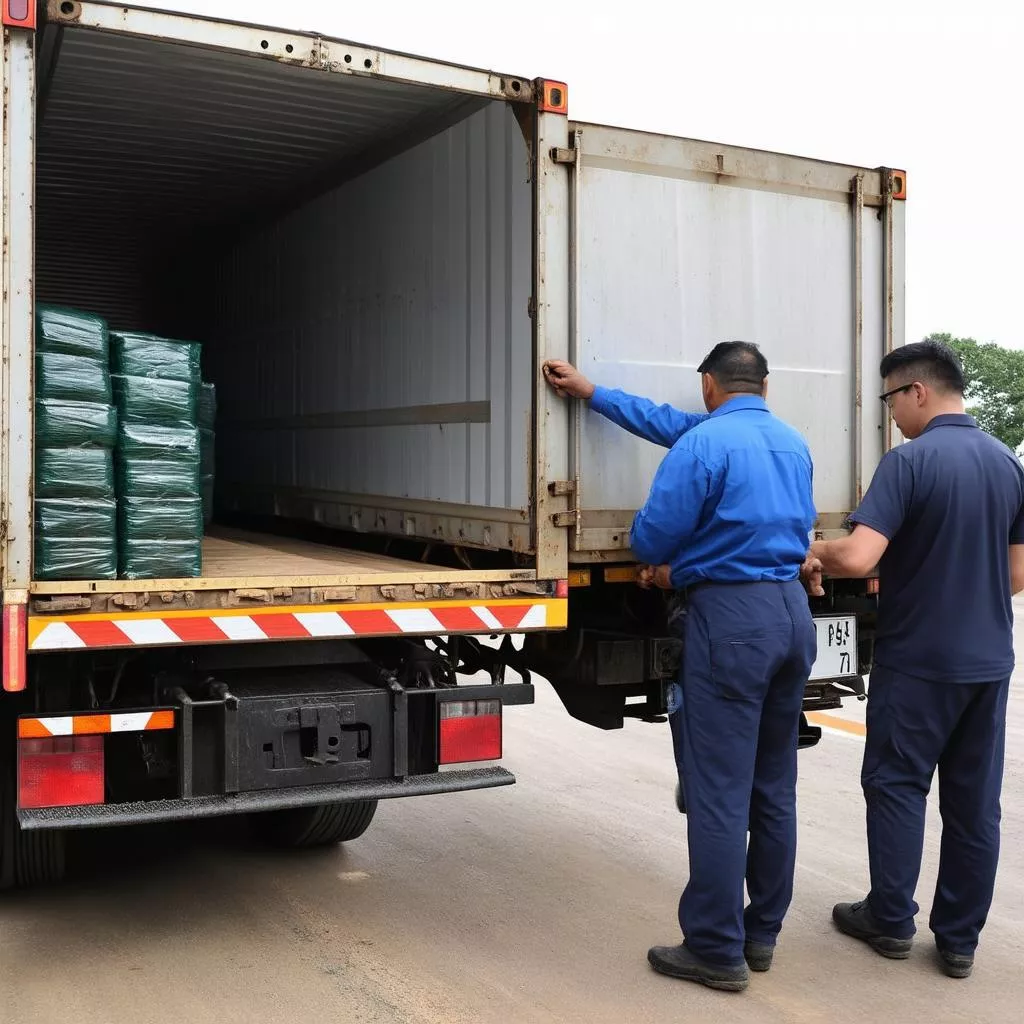 Tài xế đang kiểm tra hàng hóa trên xe tải 5 tấn