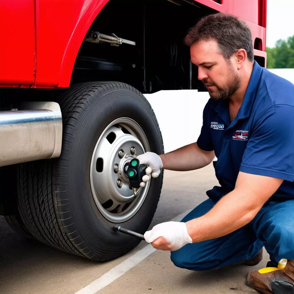Tài xế đang kiểm tra lốp xe