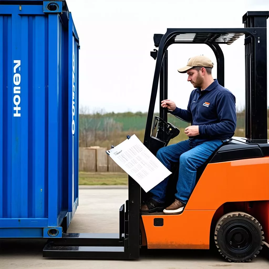 Tài xế đang kiểm tra xe nâng