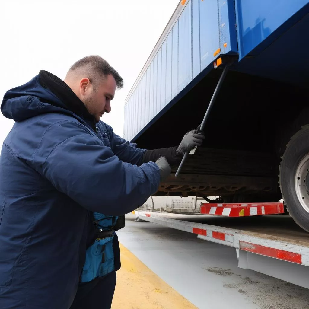 Tài xế đang kiểm tra xe tải 10 tấn