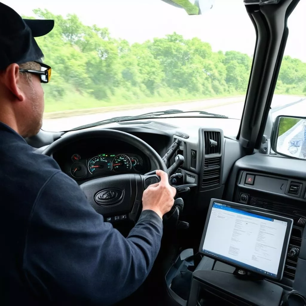 Tài xế đang kiểm tra xe tải