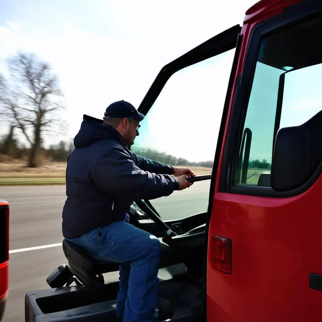트럭을 점검하는 운전사