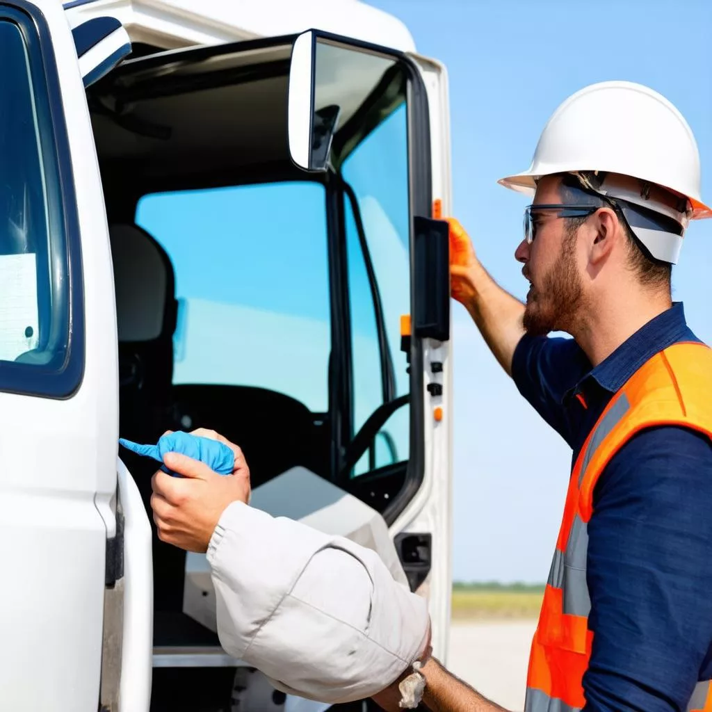 Tài xế đang kiểm tra xe tải