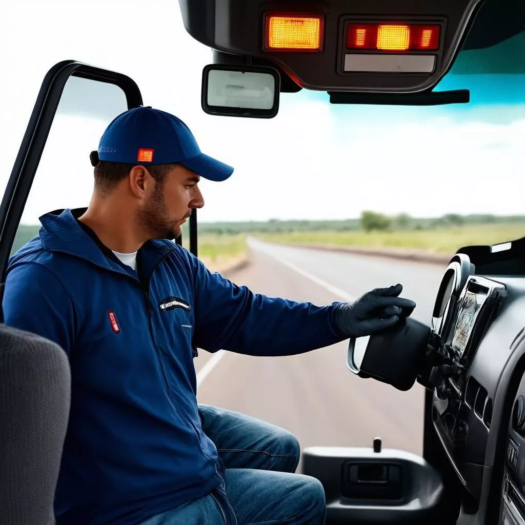 Tài xế đang kiểm tra xe tải