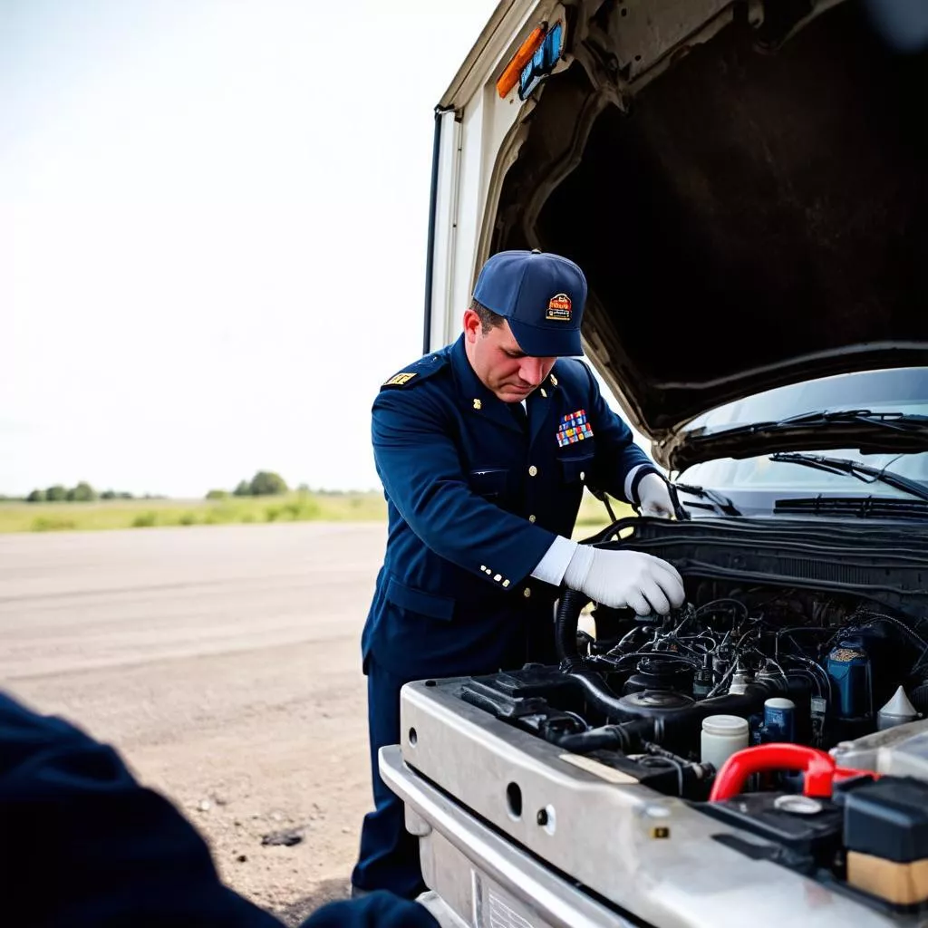 Tài xế đang kiểm tra xe tải