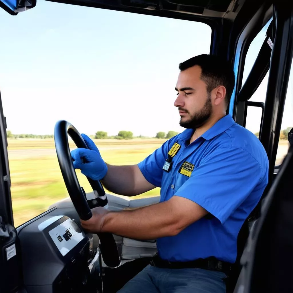 Tài xế đang kiểm tra xe tải