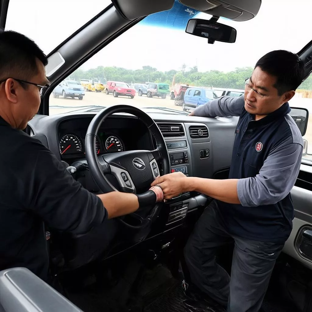 Tài xế đang kiểm tra xe tải Dongfeng